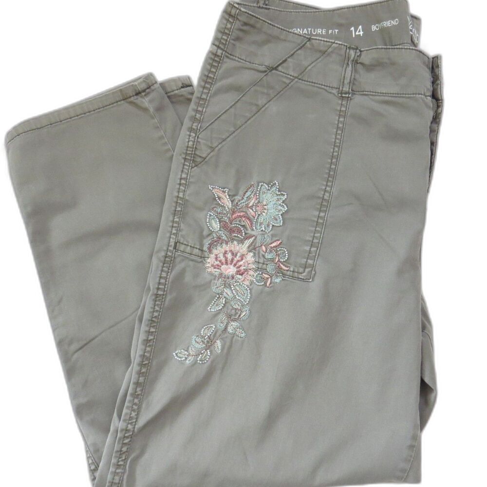 Westport Signature Fit Boyfriend Capri Pants Embroidered Boho Olive 14 EUC